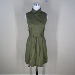 Marled Green Utility buttoned Belted Shirt Dress Tie Elastic Waist M Sleeveless